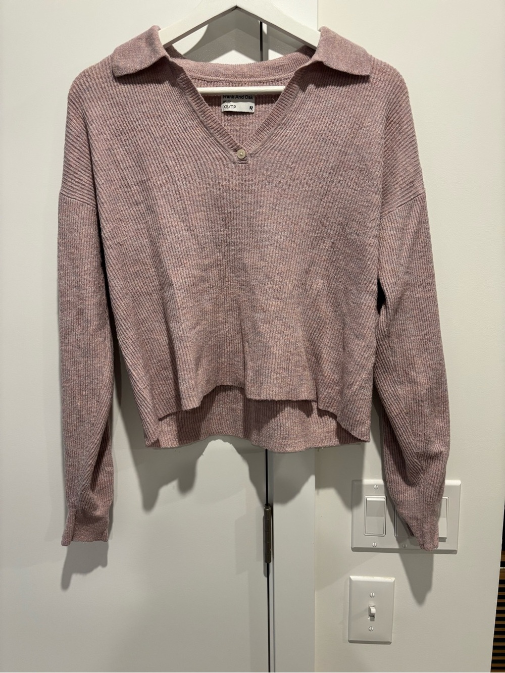 Frank & Oak Polo Collared V-Neck Ribbed Pullover Sweater - Dusty Rose